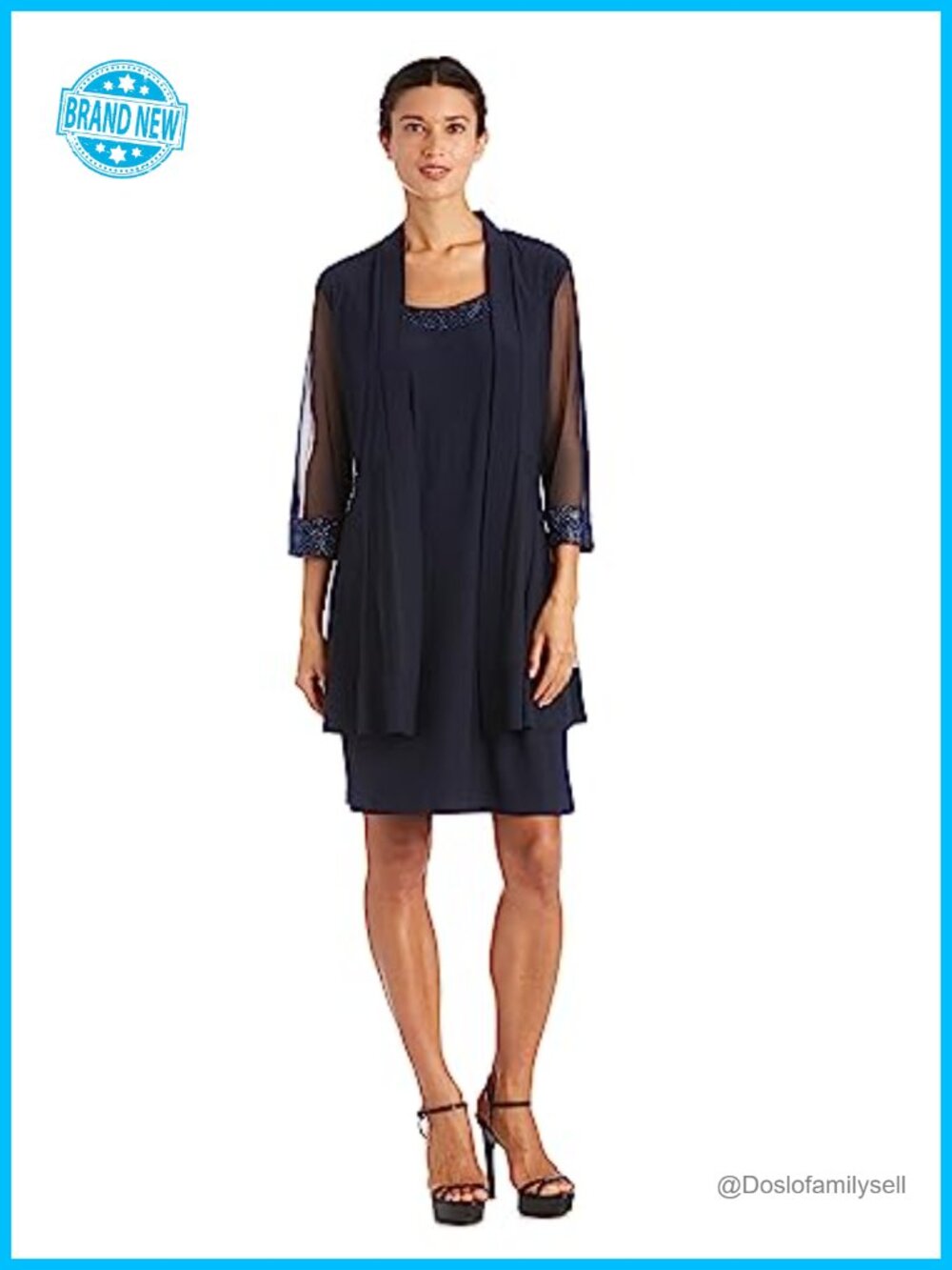 Petite Glitter Trim Jacket Dress Two-Piece Set Beaded Neckline
